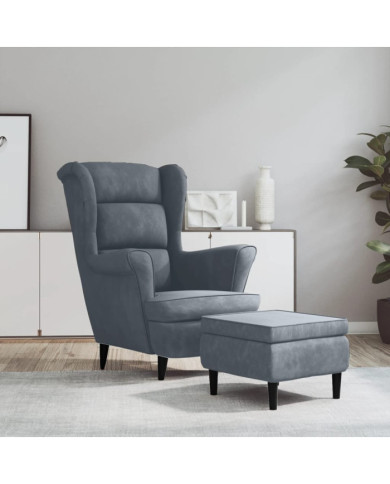 Fauteuil à oreilles avec tabouret gris foncé velours | Mobilier & Déco