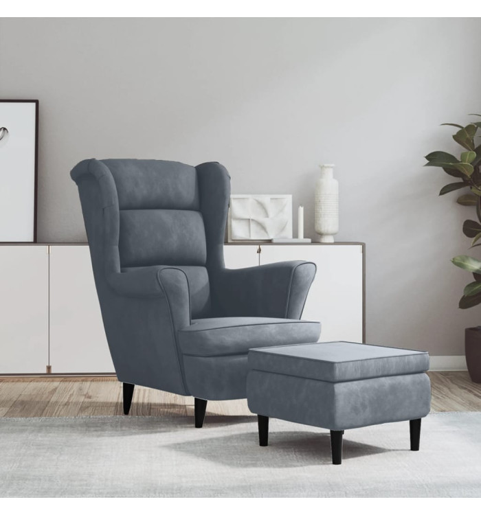 Fauteuil à oreilles avec tabouret gris foncé velours | Mobilier & Déco