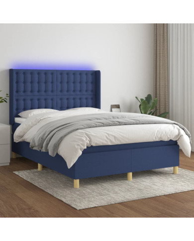 Sommier à lattes de lit matelas et LED Bleu 140x200 cm Tissu | Mobilier & Déco
