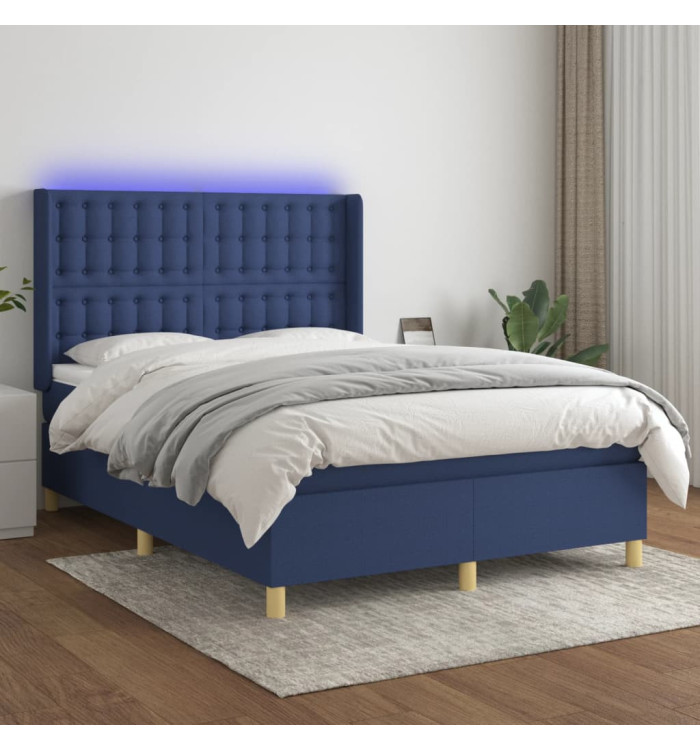 Sommier à lattes de lit matelas et LED Bleu 140x200 cm Tissu | Mobilier & Déco