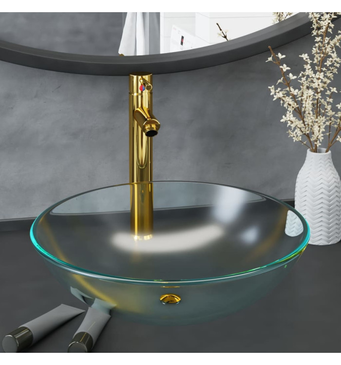 Lavabo de bain avec robinet et drain à poussoir Verre trempé | Mobilier & Déco
