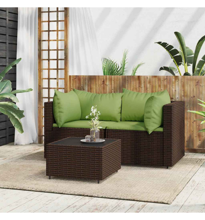 Salon de jardin 3 pcs avec coussins marron résine tressée | Mobilier & Déco