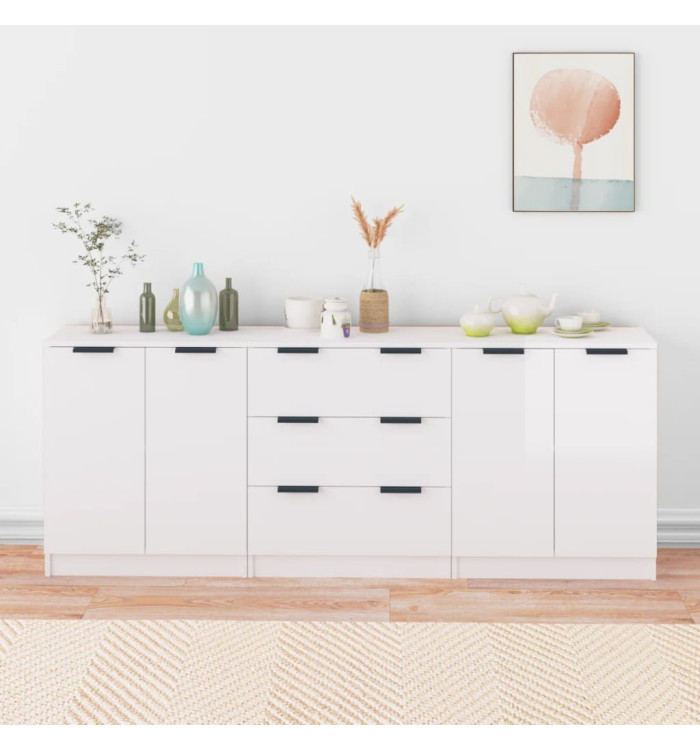 Buffets 3 pcs blanc brillant bois d'ingénierie | Mobilier & Déco
