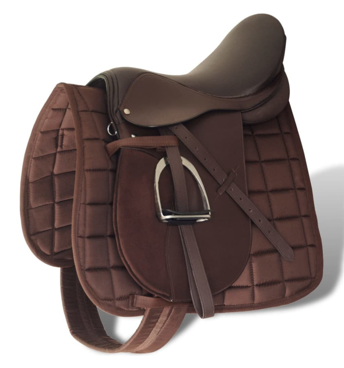 Set de selle équitation 16" en cuir véritable 14 cm 5 en 1 brun | Mobilier & Déco