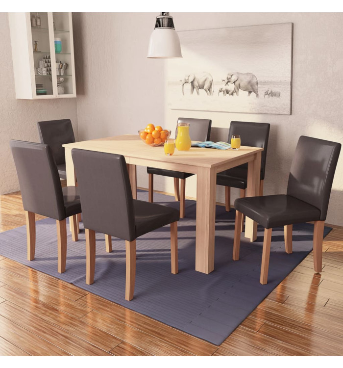 Table et chaises 7 pcs Cuir synthétique Chêne Marron | Mobilier & Déco