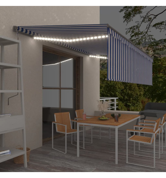 Auvent automatique store capteur de vent/LED 5x3m Bleu et blanc | Mobilier & Déco
