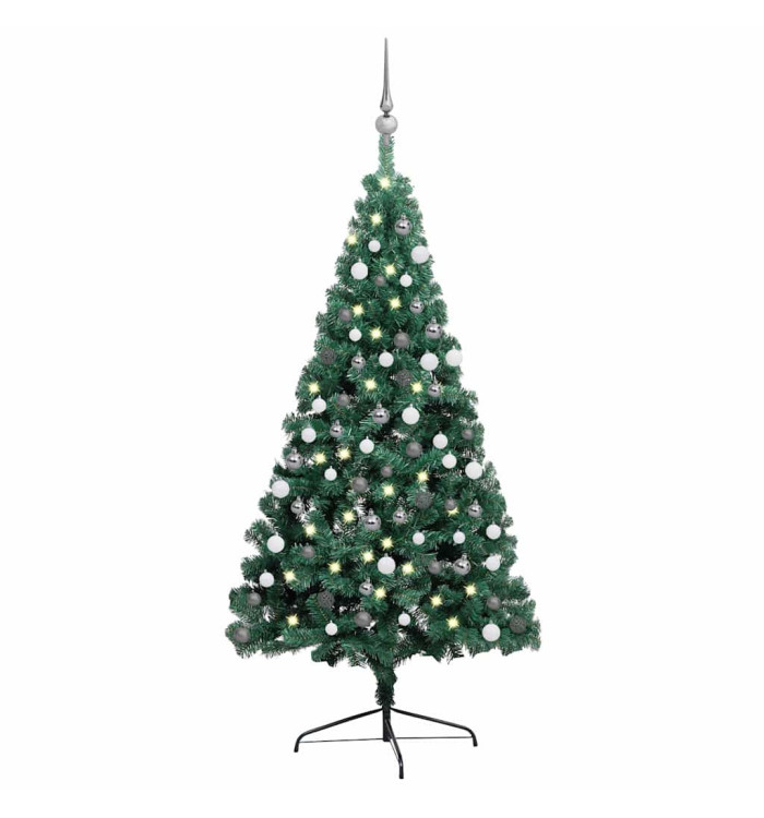 Demi-arbre de Noël artificiel pré-éclairé et boules vert 120 cm | Mobilier & Déco