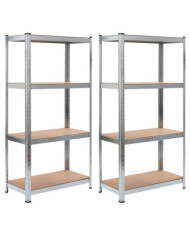Étagères à 4 niveaux 2 pcs Argenté Acier et bois d'ingénierie | Mobilier & Déco