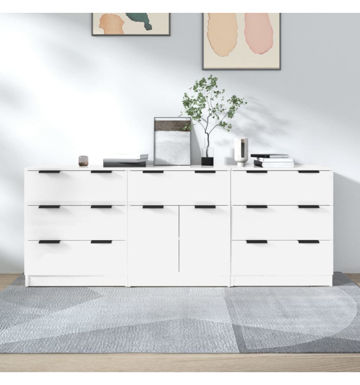 Buffets 3 pcs blanc brillant bois d'ingénierie | Mobilier & Déco