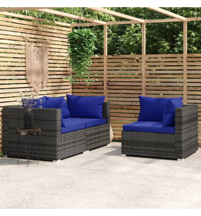 Salon de jardin 3 pcs avec coussins Gris Résine tressée | Mobilier & Déco