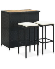 Ensemble de bar 3 pcs Résine tressée Noir | Mobilier & Déco