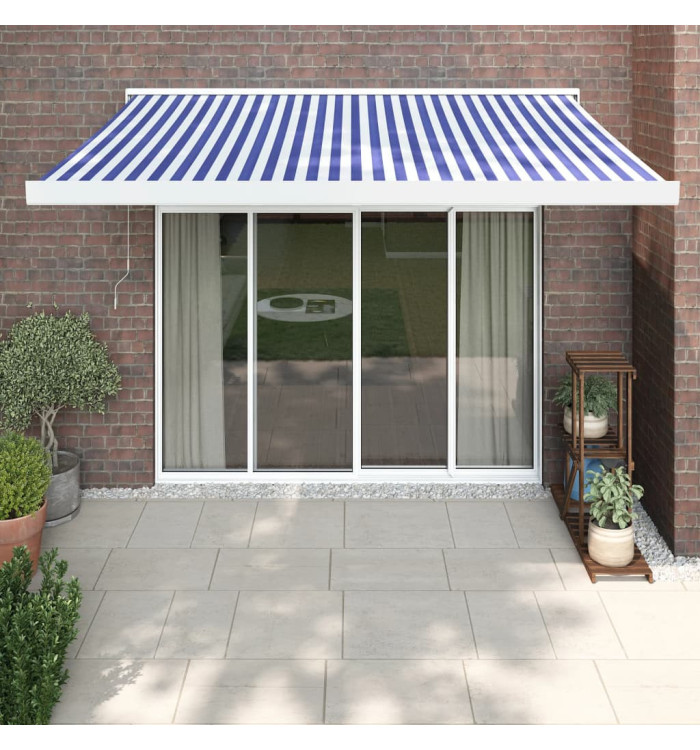 Auvent rétractable bleu et blanc 3,5x2,5 m tissu et aluminium | Mobilier & Déco
