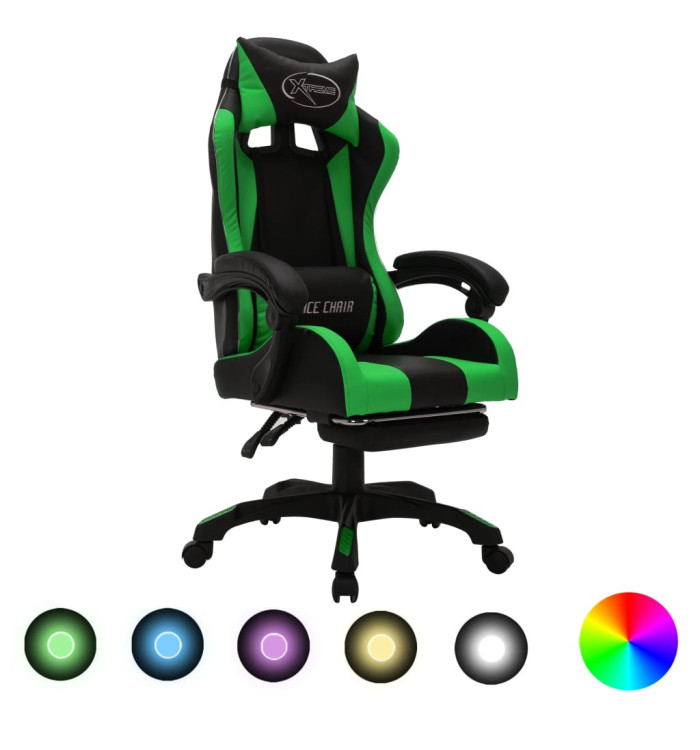 Fauteuil de jeux vidéo avec LED RVB Vert et noir Similicuir | Mobilier & Déco