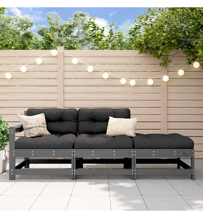 Salon de jardin 3 pcs avec coussins gris bois massif | Mobilier & Déco