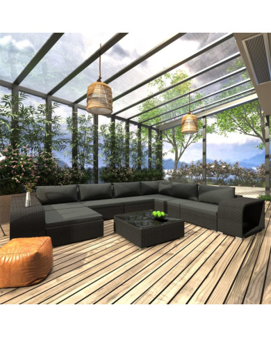 Salon de jardin 10 pcs avec coussins Résine tressée Noir | Mobilier & Déco