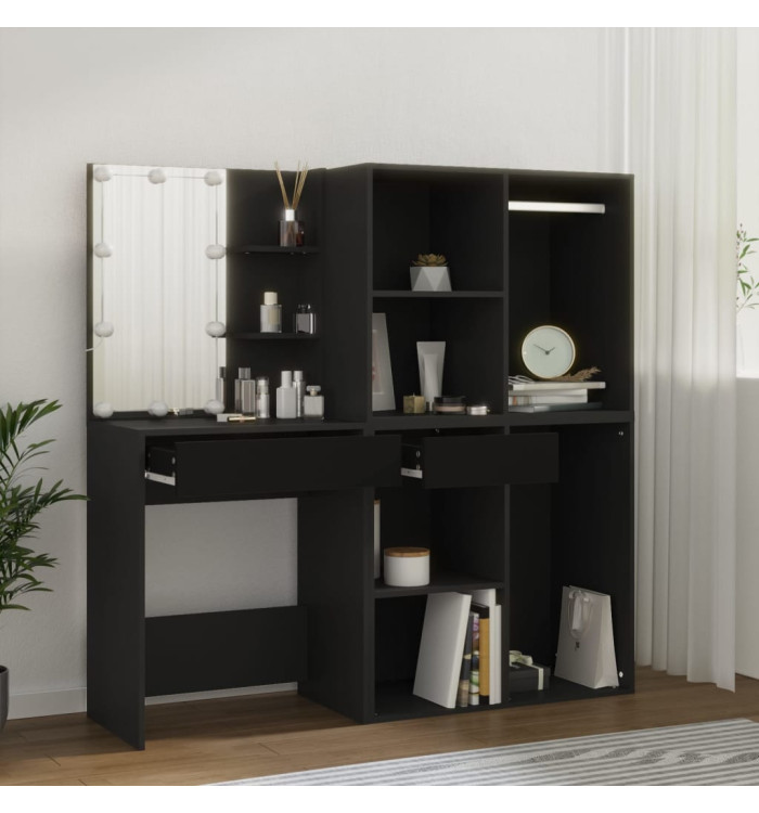 Coiffeuse à LED avec armoires noir bois d'ingénierie | Mobilier & Déco
