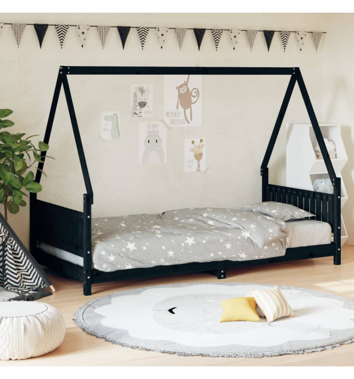 Cadre de lit pour enfants noir 90x190 cm bois de pin massif | Mobilier & Déco
