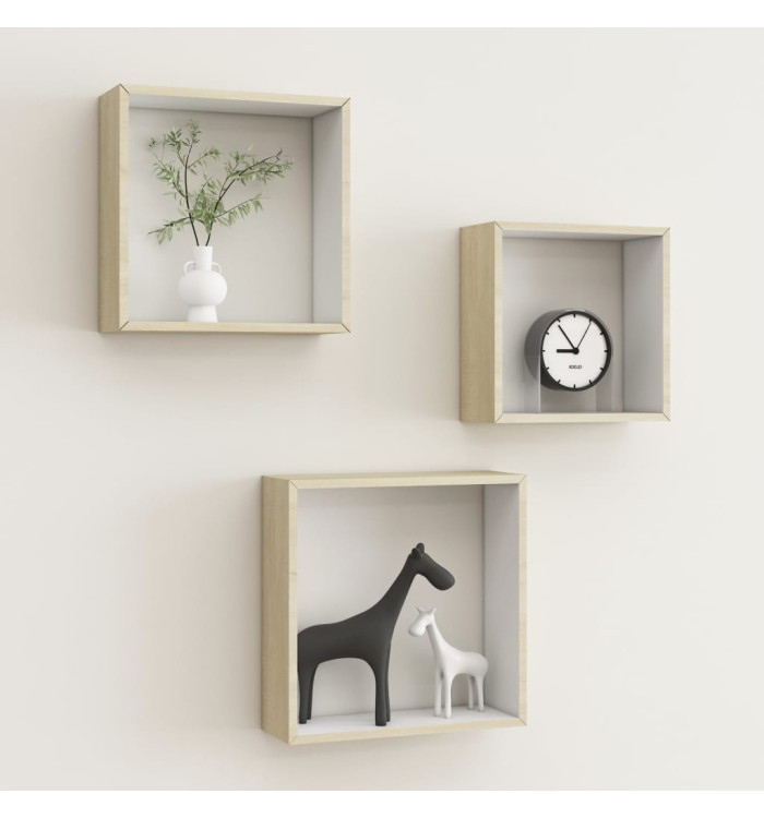 Étagères murales sous forme de cube 3 pcs Blanc et chêne sonoma | Mobilier & Déco