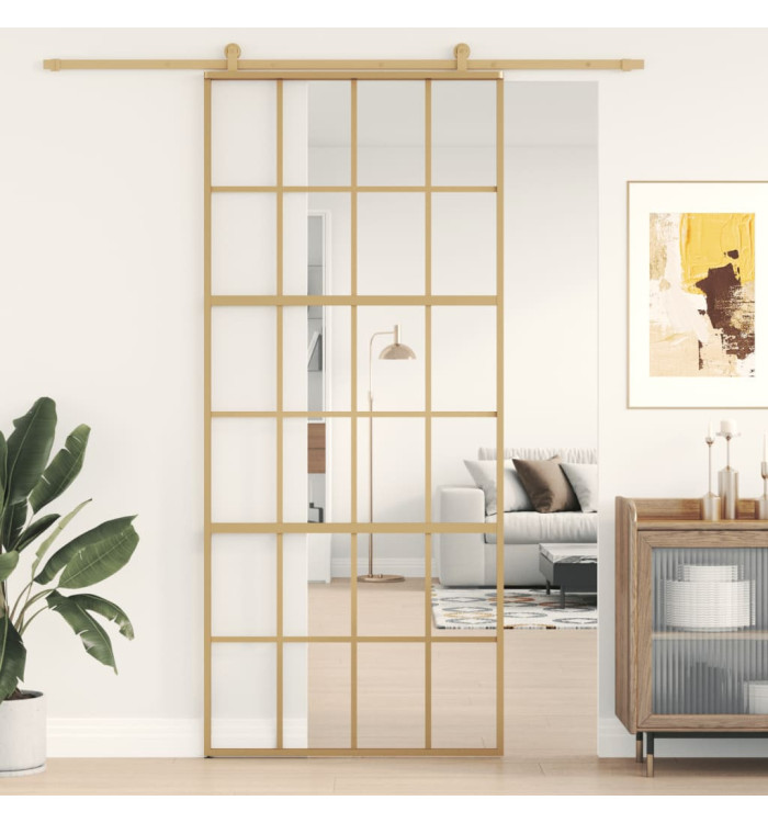 Porte coulissante doré 90x205 cm verre ESG clair et aluminium | Mobilier & Déco