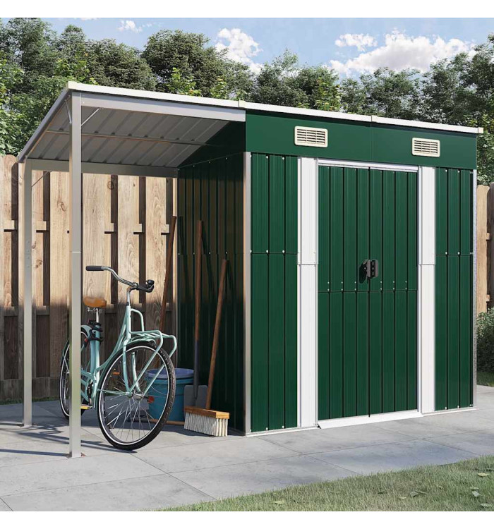 Abri de jardin avec toit prolongé vert 277x110,5x181 cm acier | Mobilier & Déco