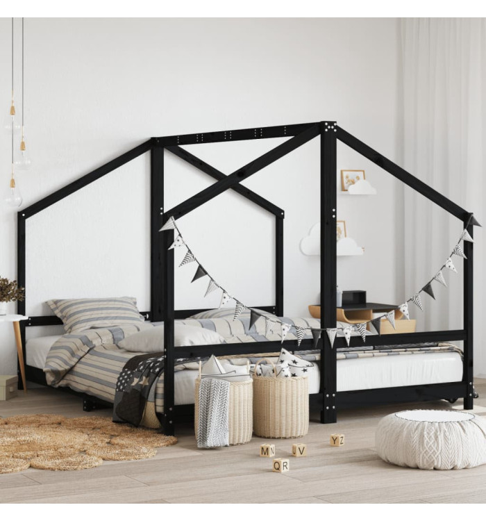 Cadre de lit pour enfants noir 2x(90x200) cm bois de pin massif | Mobilier & Déco
