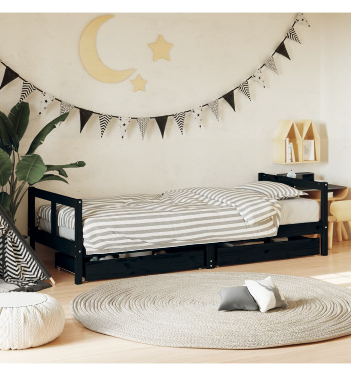 Cadre de lit enfant tiroirs noir 80x200 cm bois de pin massif | Mobilier & Déco