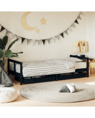 Cadre de lit enfant tiroirs noir 80x200 cm bois de pin massif | Mobilier & Déco