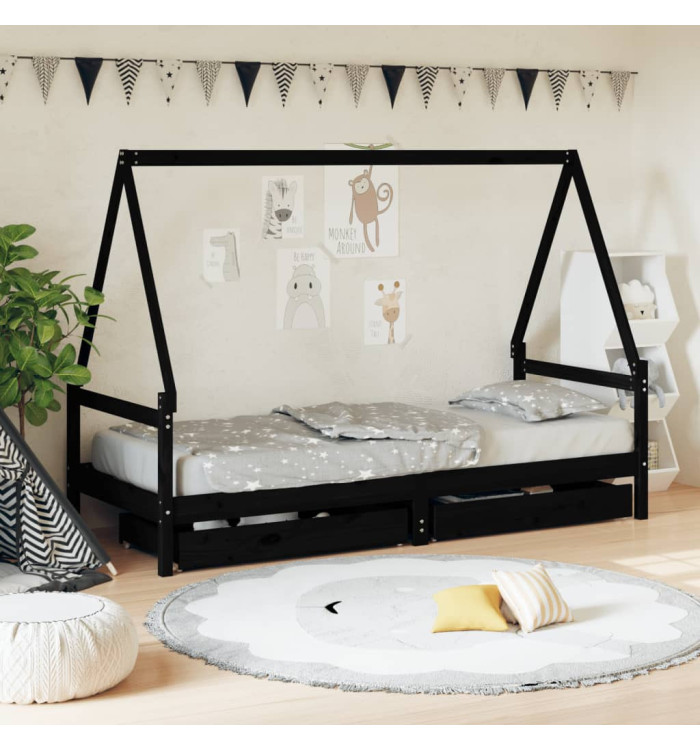 Cadre de lit d'enfants tiroirs noir 90x190cm bois de pin massif | Mobilier & Déco