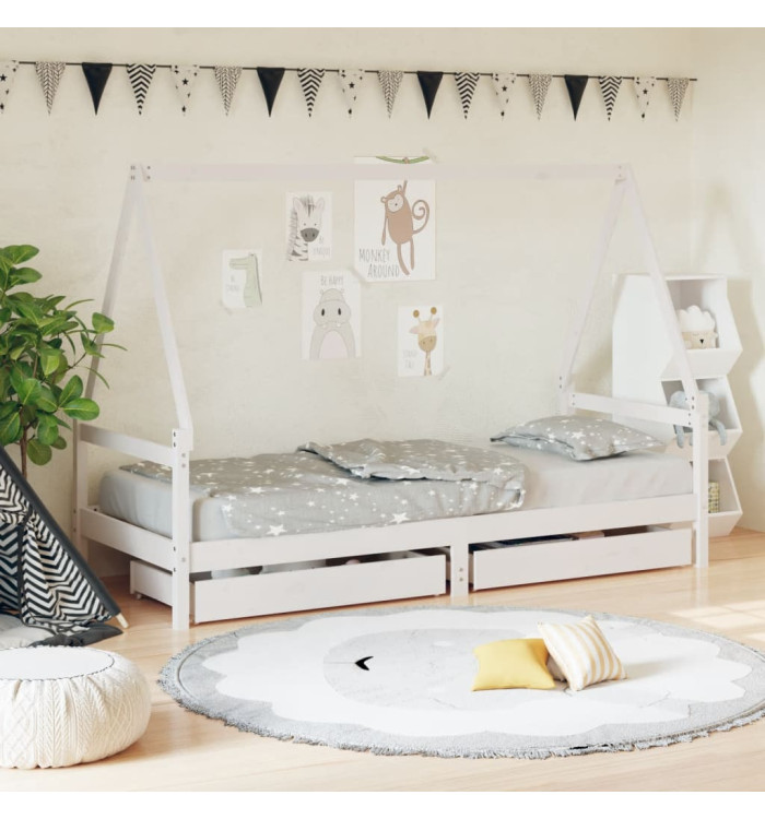 Cadre de lit enfant tiroirs blanc 80x200 cm bois de pin massif | Mobilier & Déco