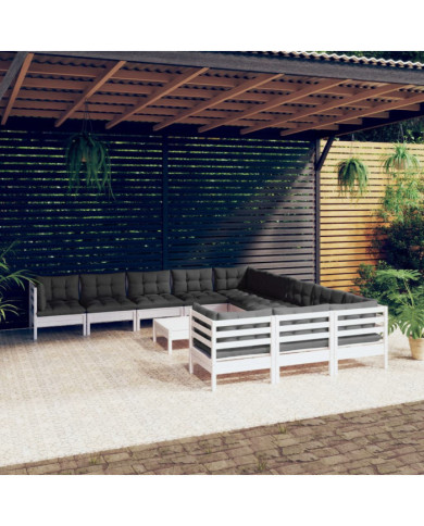 Salon de jardin 12 pcs avec coussins blanc bois de pin | Mobilier & Déco