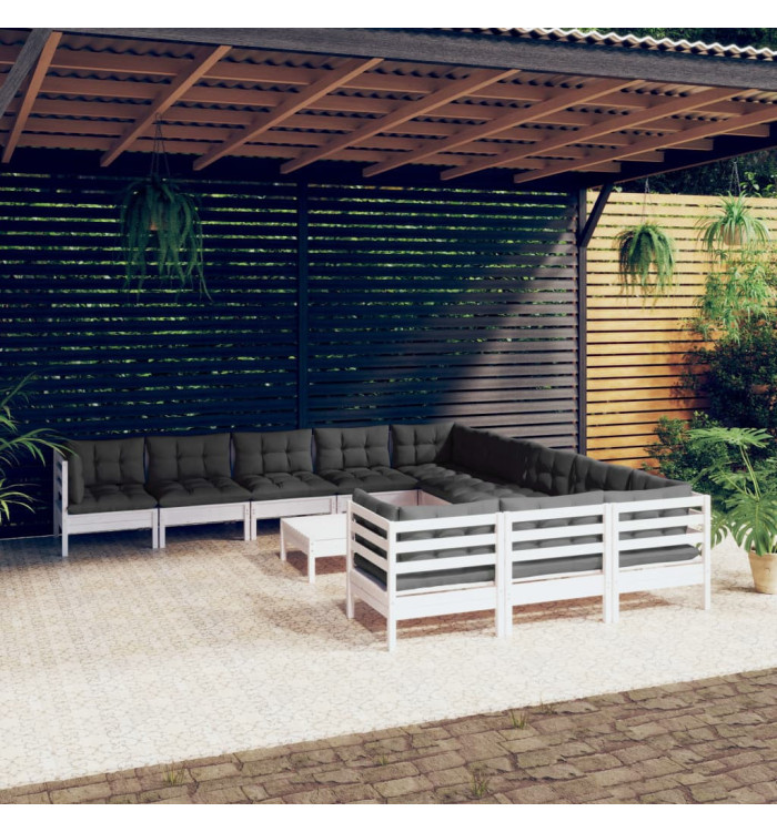 Salon de jardin 12 pcs avec coussins blanc bois de pin | Mobilier & Déco