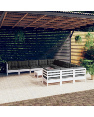 Salon de jardin 12 pcs avec coussins blanc bois de pin | Mobilier & Déco