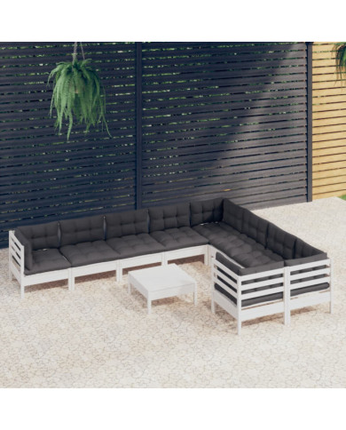 Salon de jardin 10 pcs avec coussins blanc bois de pin | Mobilier & Déco