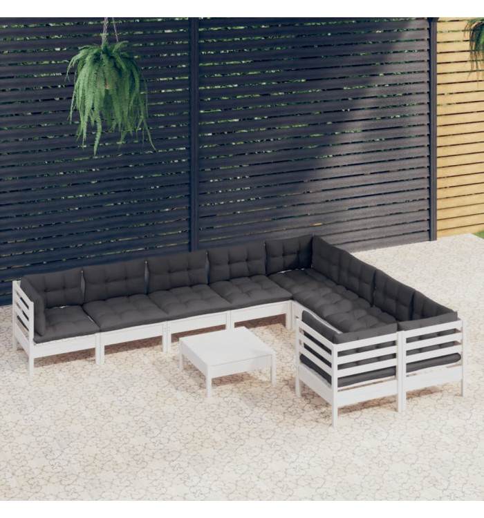 Salon de jardin 10 pcs avec coussins blanc bois de pin | Mobilier & Déco