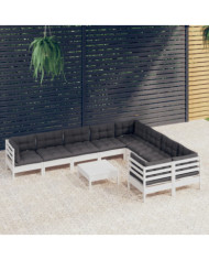 Salon de jardin 10 pcs avec coussins blanc bois de pin | Mobilier & Déco