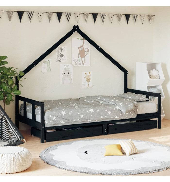 Cadre de lit enfant avec tiroirs noir 90x200 cm bois pin massif | Mobilier & Déco