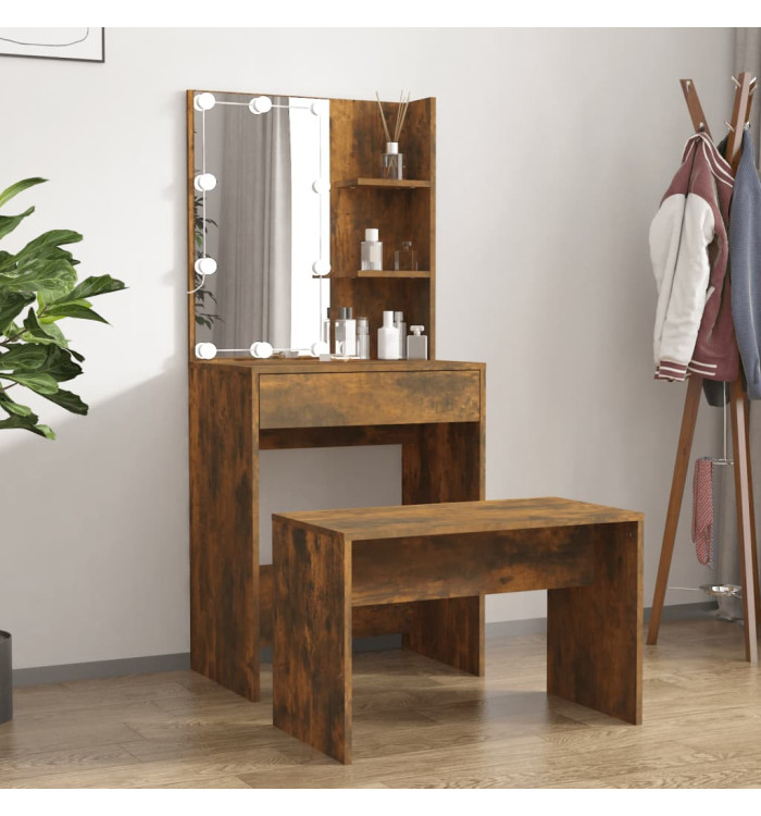 Ensemble de coiffeuse avec LED Chêne fumé Bois d'ingénierie | Mobilier & Déco