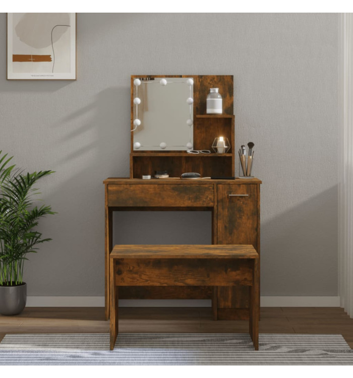 Ensemble de coiffeuse avec LED Chêne fumé Bois d'ingénierie | Mobilier & Déco