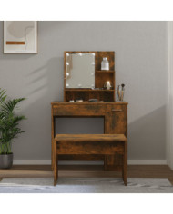 Ensemble de coiffeuse avec LED Chêne fumé Bois d'ingénierie | Mobilier & Déco