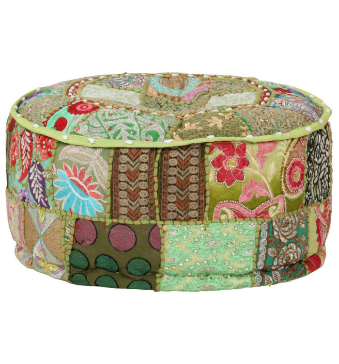 Pouf rond en coton fait à la main 40 x 20 cm Vert | Mobilier & Déco