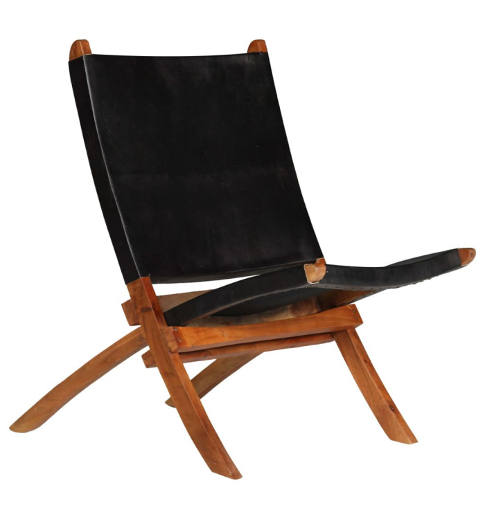 Chaise de relaxation pliable Noir Cuir véritable | Mobilier & Déco