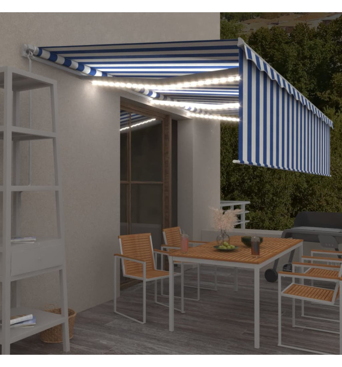 Auvent manuel rétractable avec store et LED 6x3 m Bleu et blanc | Mobilier & Déco
