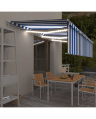 Auvent manuel rétractable avec store et LED 6x3 m Bleu et blanc | Mobilier & Déco