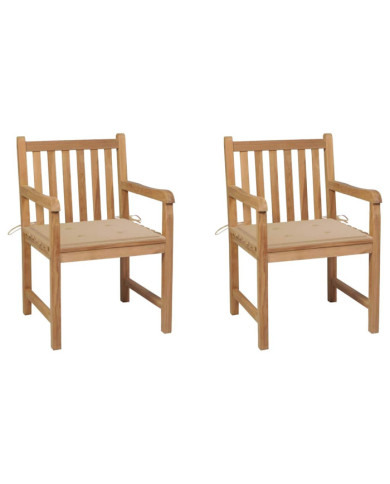 Chaises de jardin lot de 2 et coussins beige Bois teck massif | Mobilier & Déco