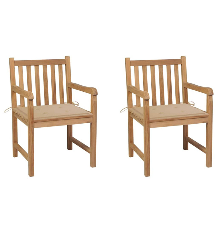 Chaises de jardin lot de 2 et coussins beige Bois teck massif | Mobilier & Déco