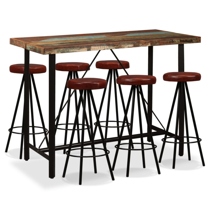 Ensemble de bar 7 pcs Bois massif recyclé et cuir véritable | Mobilier & Déco