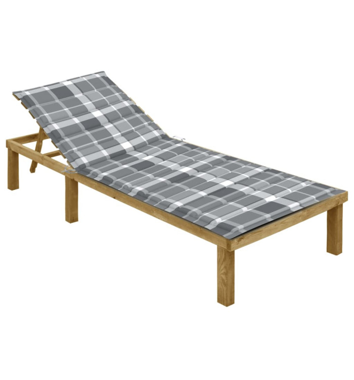Chaise longue avec coussin carreaux gris Bois de pin imprégné | Mobilier & Déco
