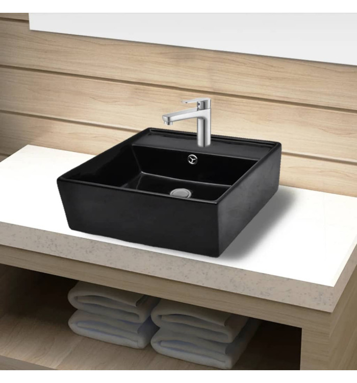 Robinet de lavabo salle de bain céramique/trou trop-plein carré noir | Mobilier & Déco