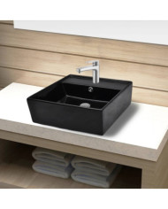 Robinet de lavabo salle de bain céramique/trou trop-plein carré noir | Mobilier & Déco
