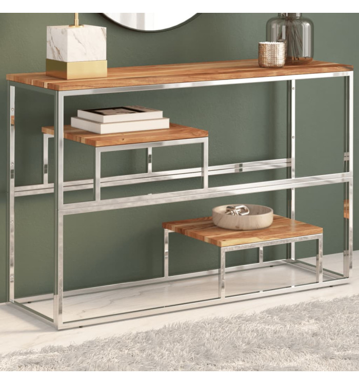 Table console argenté acier inoxydable et bois massif d'acacia | Mobilier & Déco